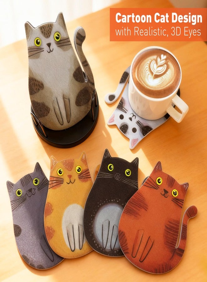 LIBERATECH Cartoon Cat Coasters 6-Pack, Super Cute Absorbent Felt Coasters for Drinks, Non-Slip Scratch Protection for Wood Tables, Washable Rugged Coaster Set with Holder, Fun Gift for Cat Lovers (6PC) - Image 3